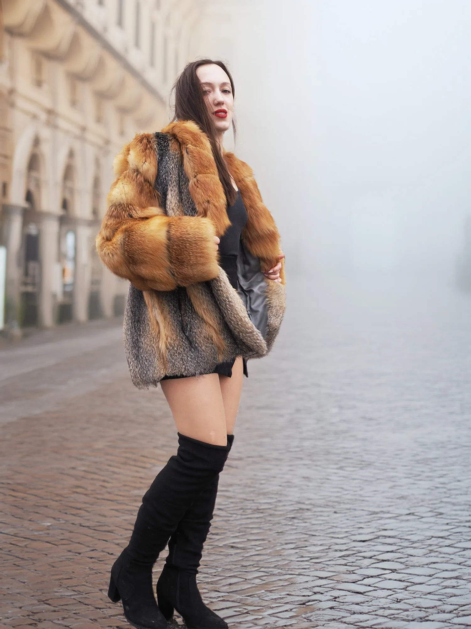 Brand New American Gray Fox With Cherry Red Fox Fur Coat Coats M