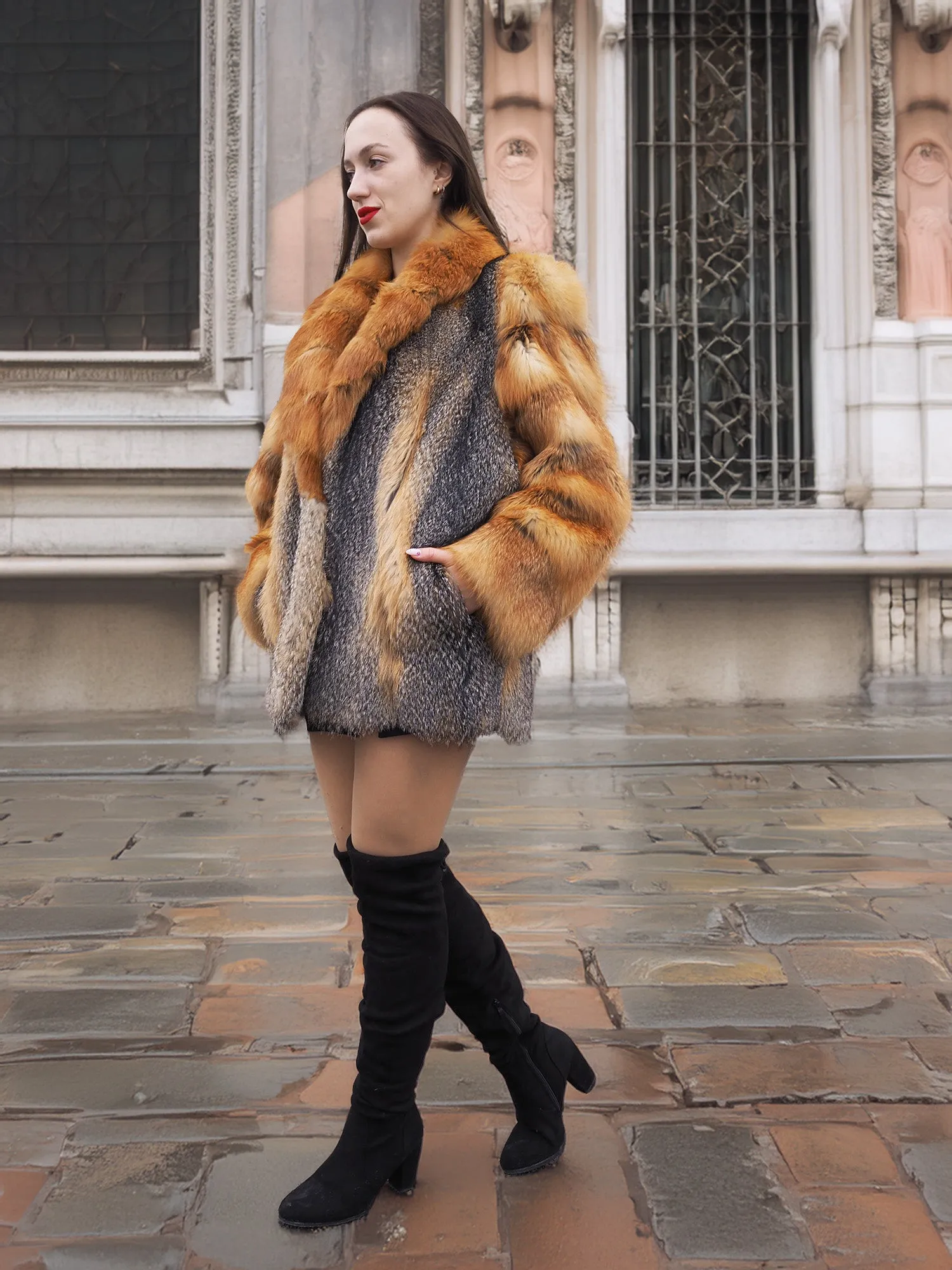 Brand New American Gray Fox With Cherry Red Fox Fur Coat Coats M