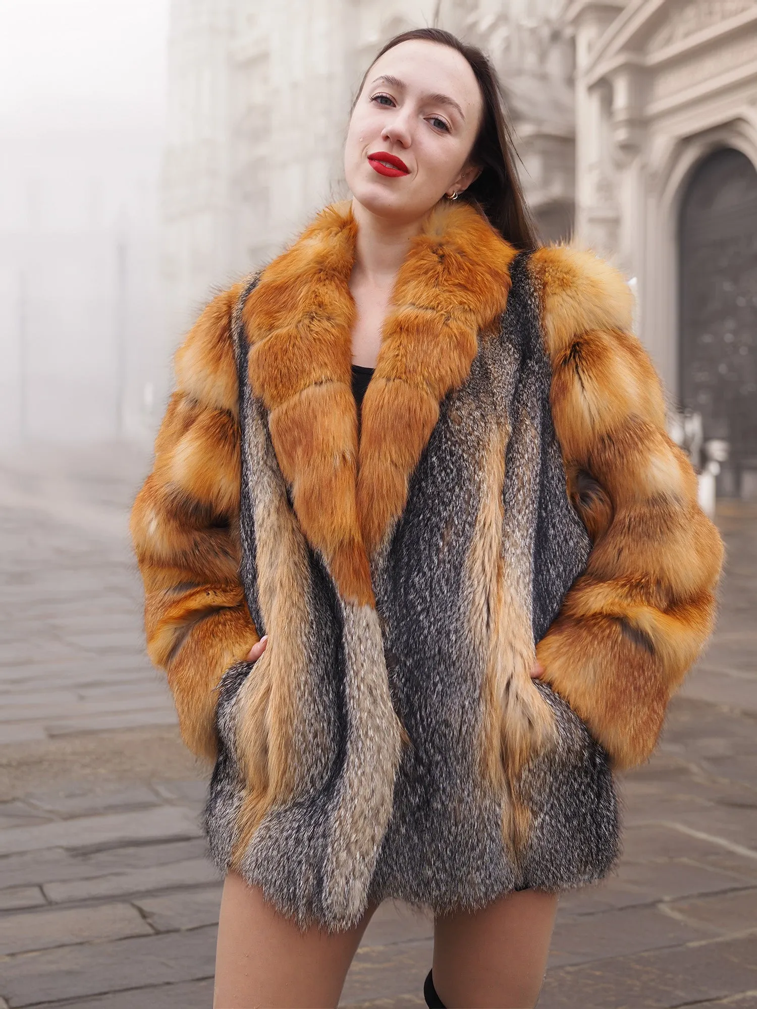 Brand New American Gray Fox With Cherry Red Fox Fur Coat Coats M