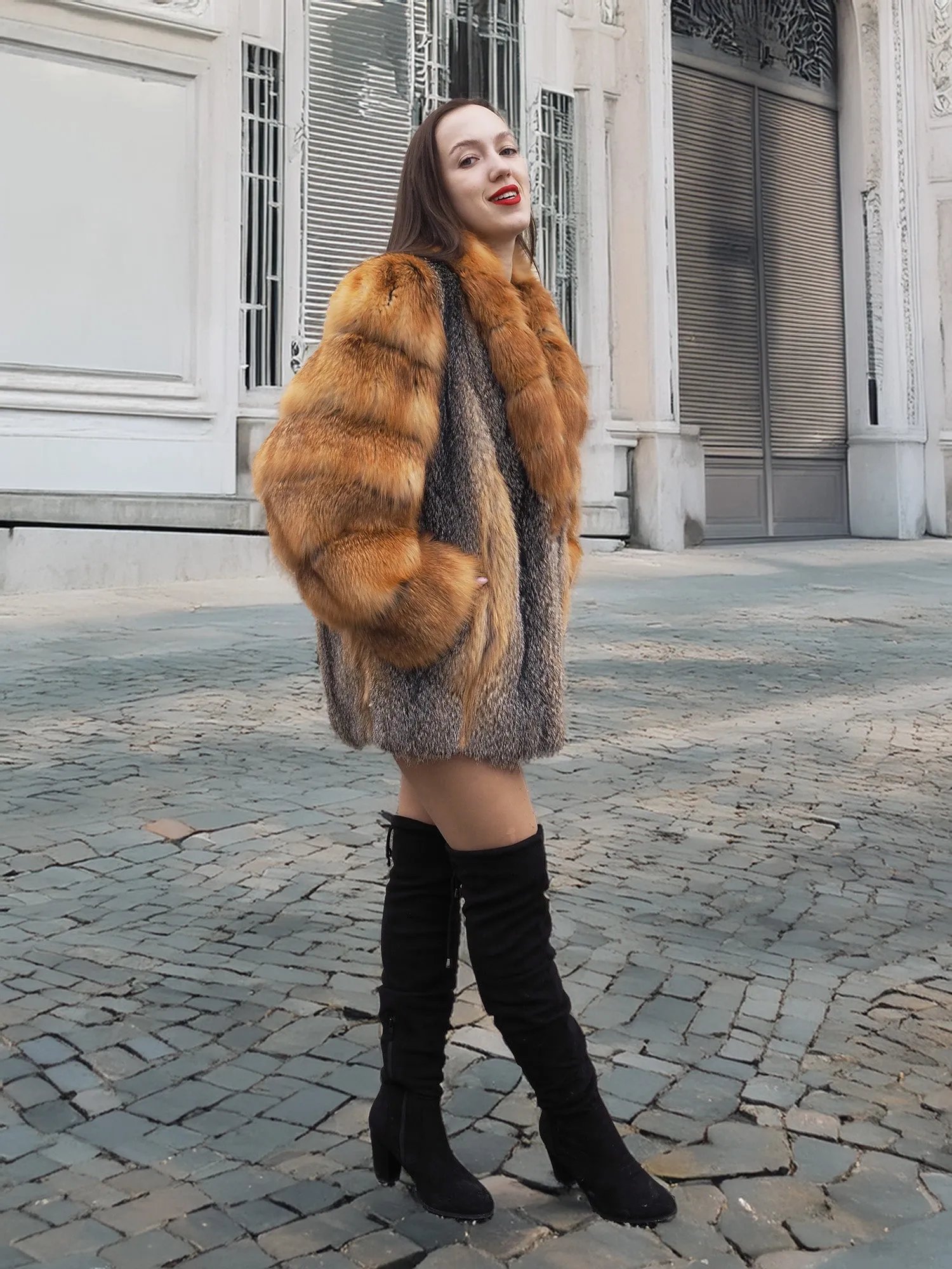 Brand New American Gray Fox With Cherry Red Fox Fur Coat Coats M