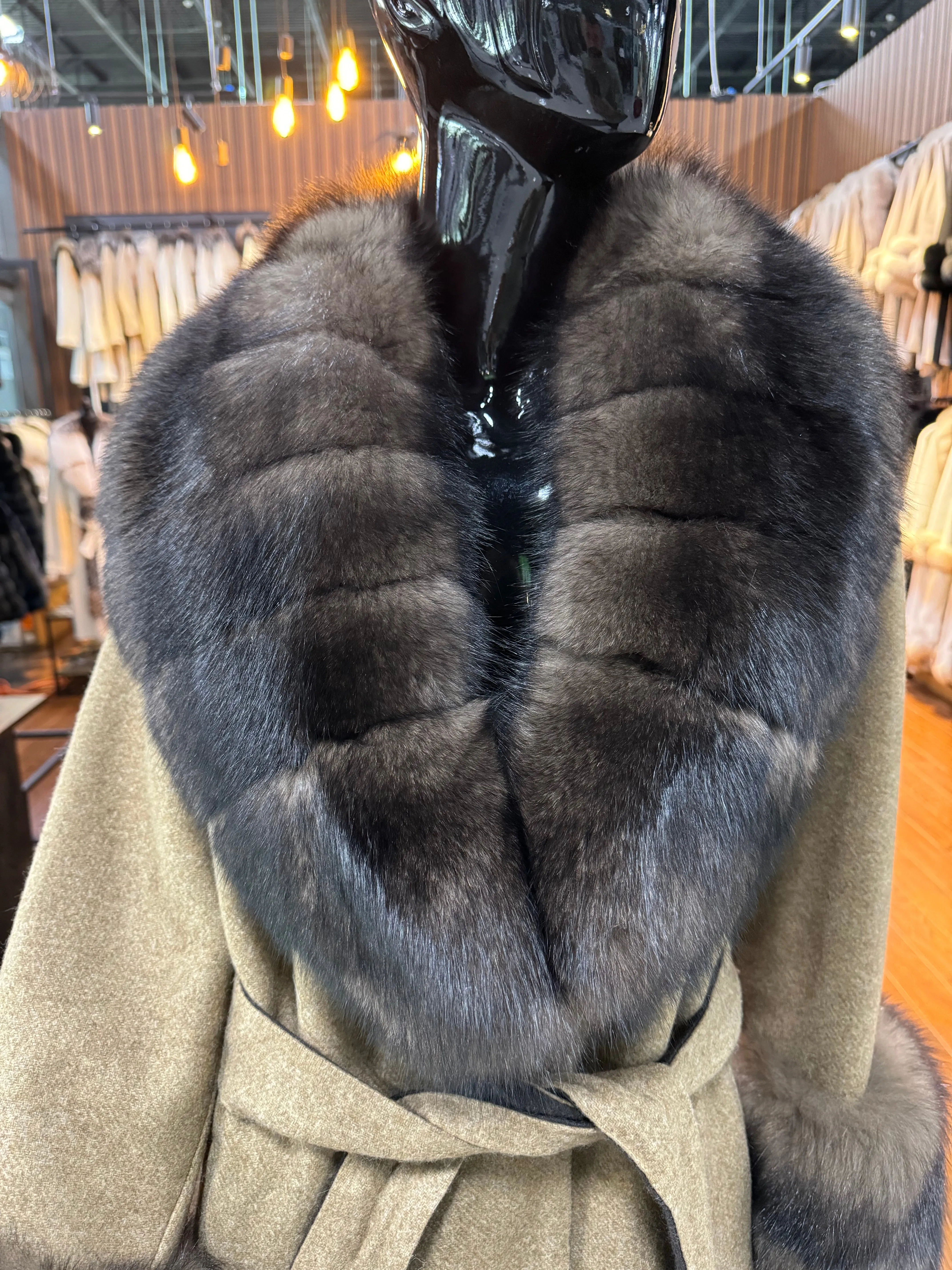 Brown Alpaca Fabric and Real Fox Fur Coat