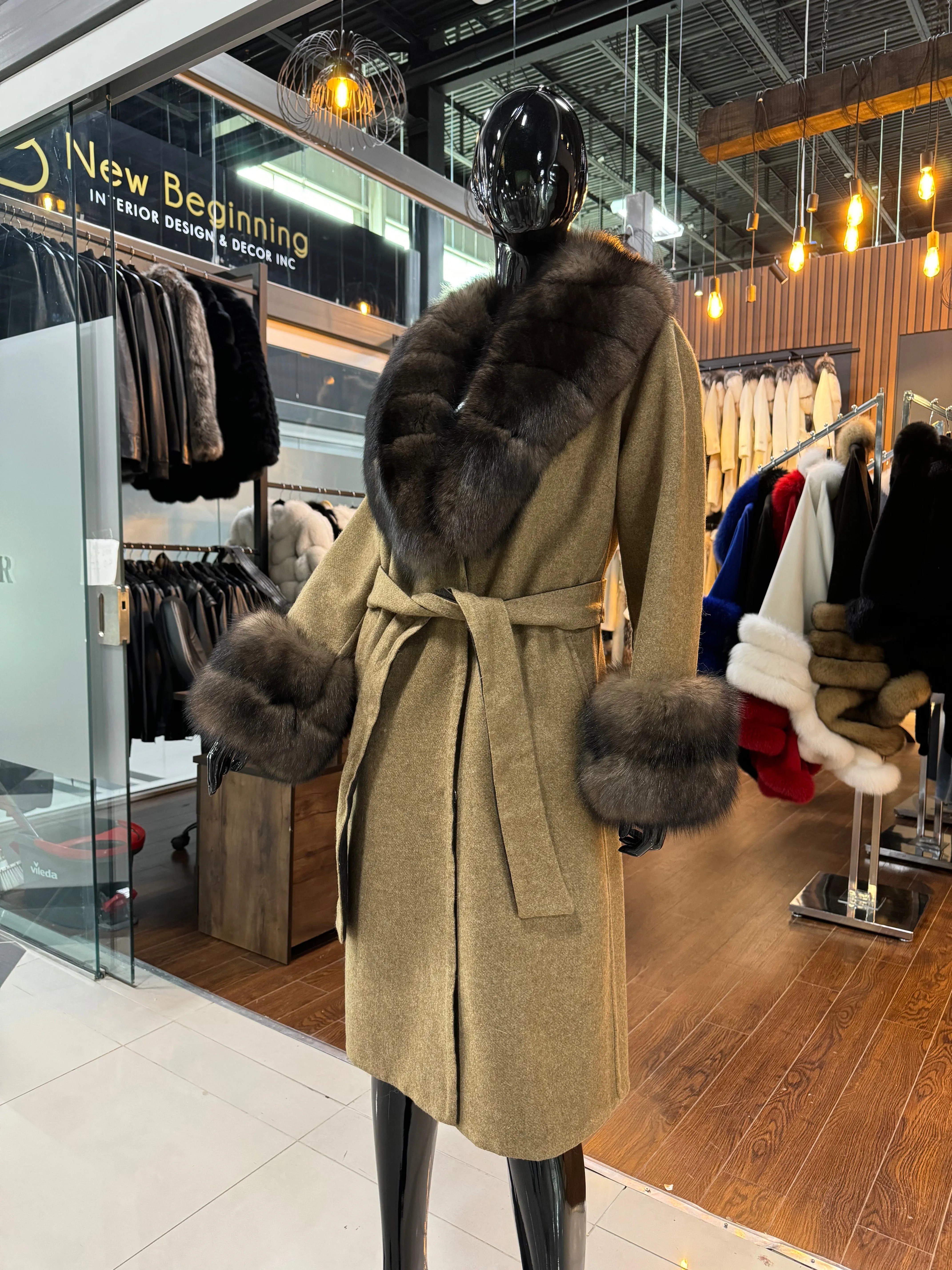 Brown Alpaca Fabric and Real Fox Fur Coat