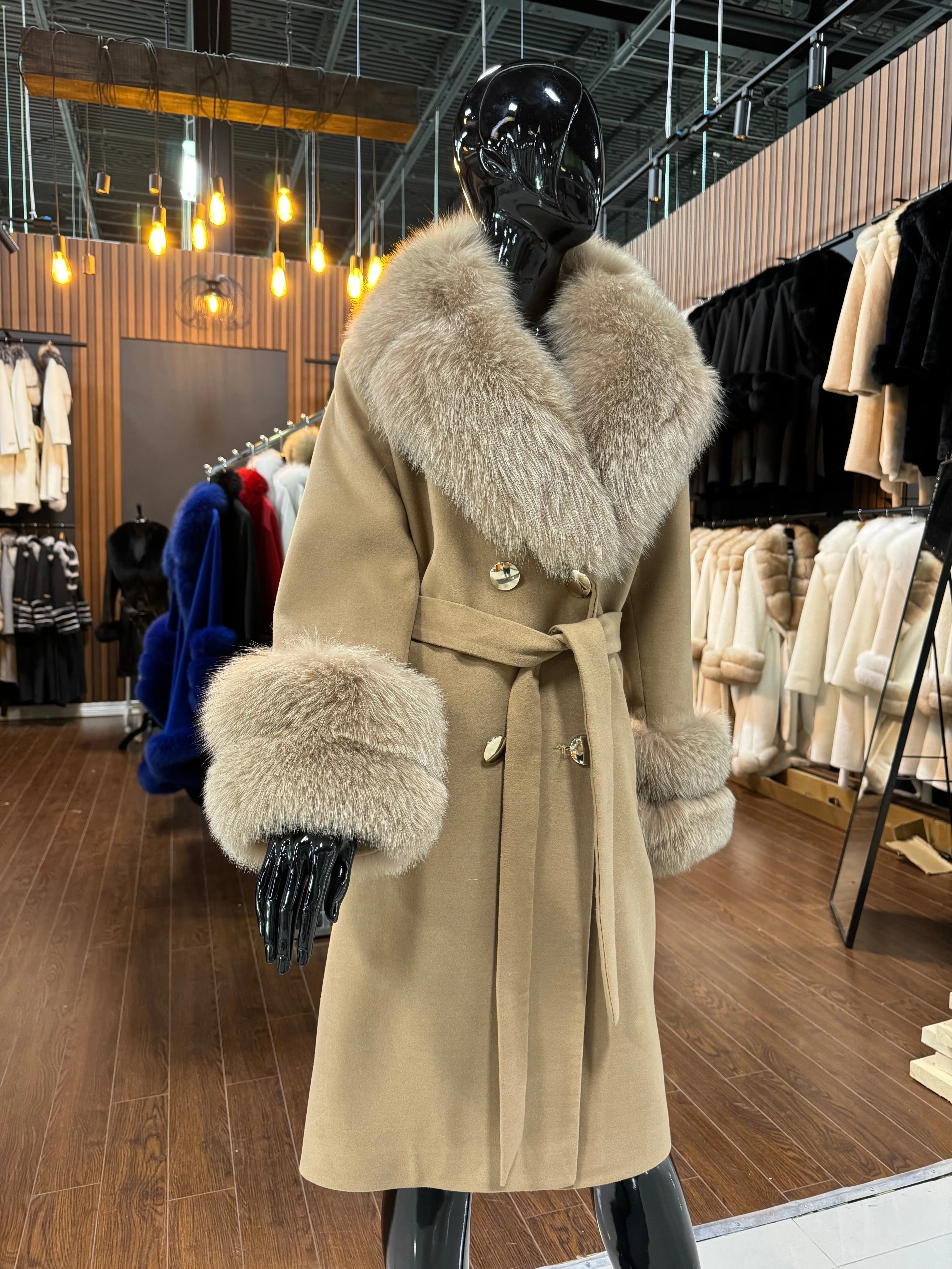 BROWN CASHMERE AND FOX FUR COAT SKU 1037