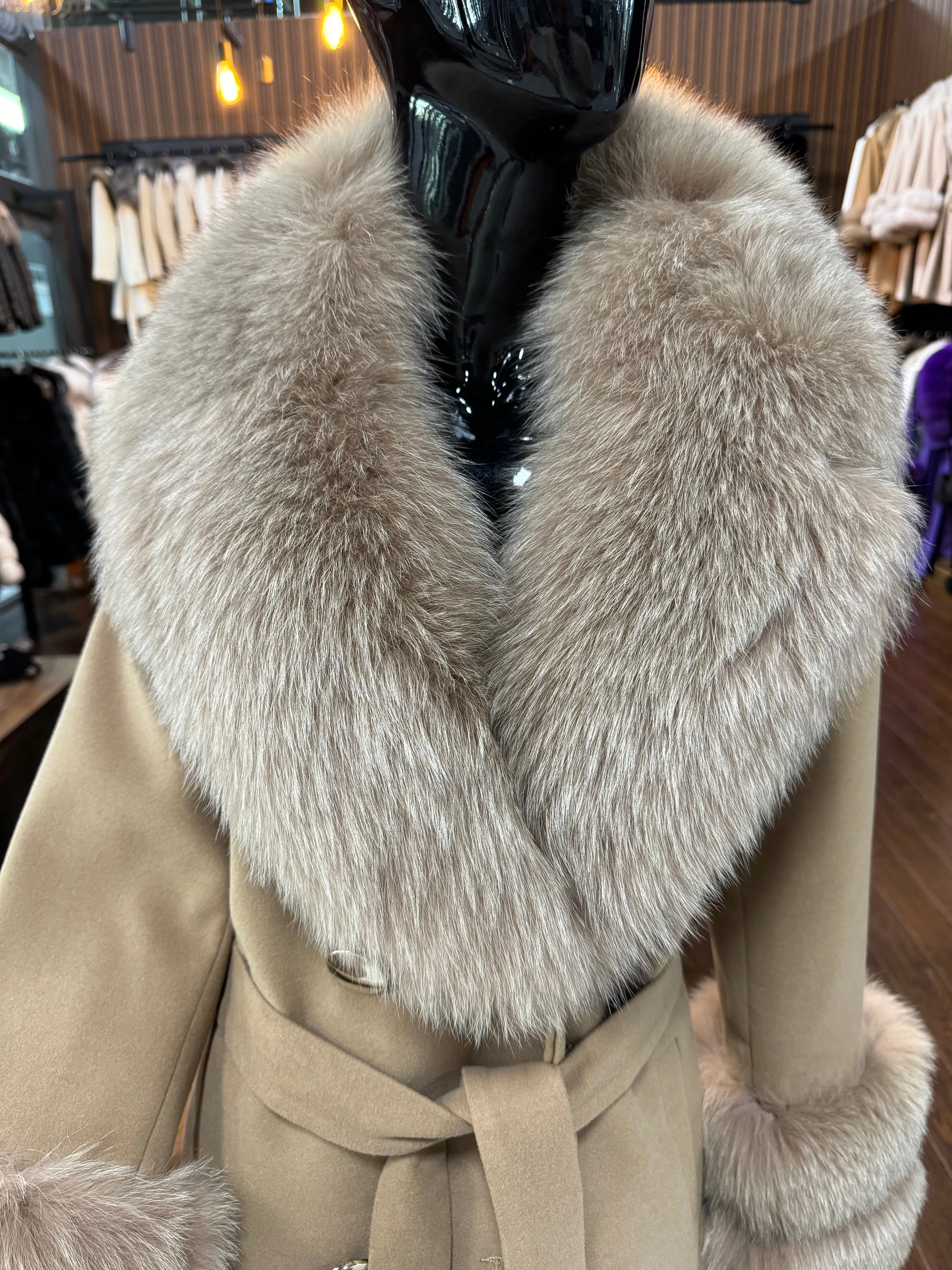 BROWN CASHMERE AND FOX FUR COAT SKU 1037