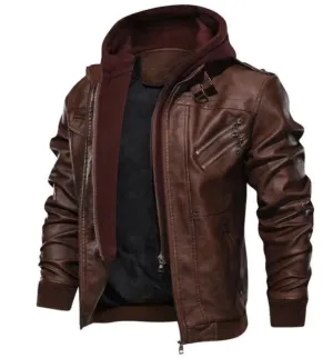 Brown Leather Bomber Jacket with Hoodie for Men