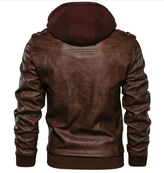 Brown Leather Bomber Jacket with Hoodie for Men