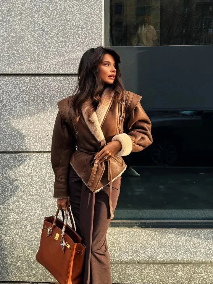 Brown Leather Jacket with Fur & Belt by Sophiane