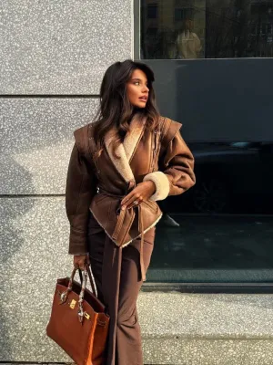 Brown Leather Jacket with Fur & Belt by Sophiane