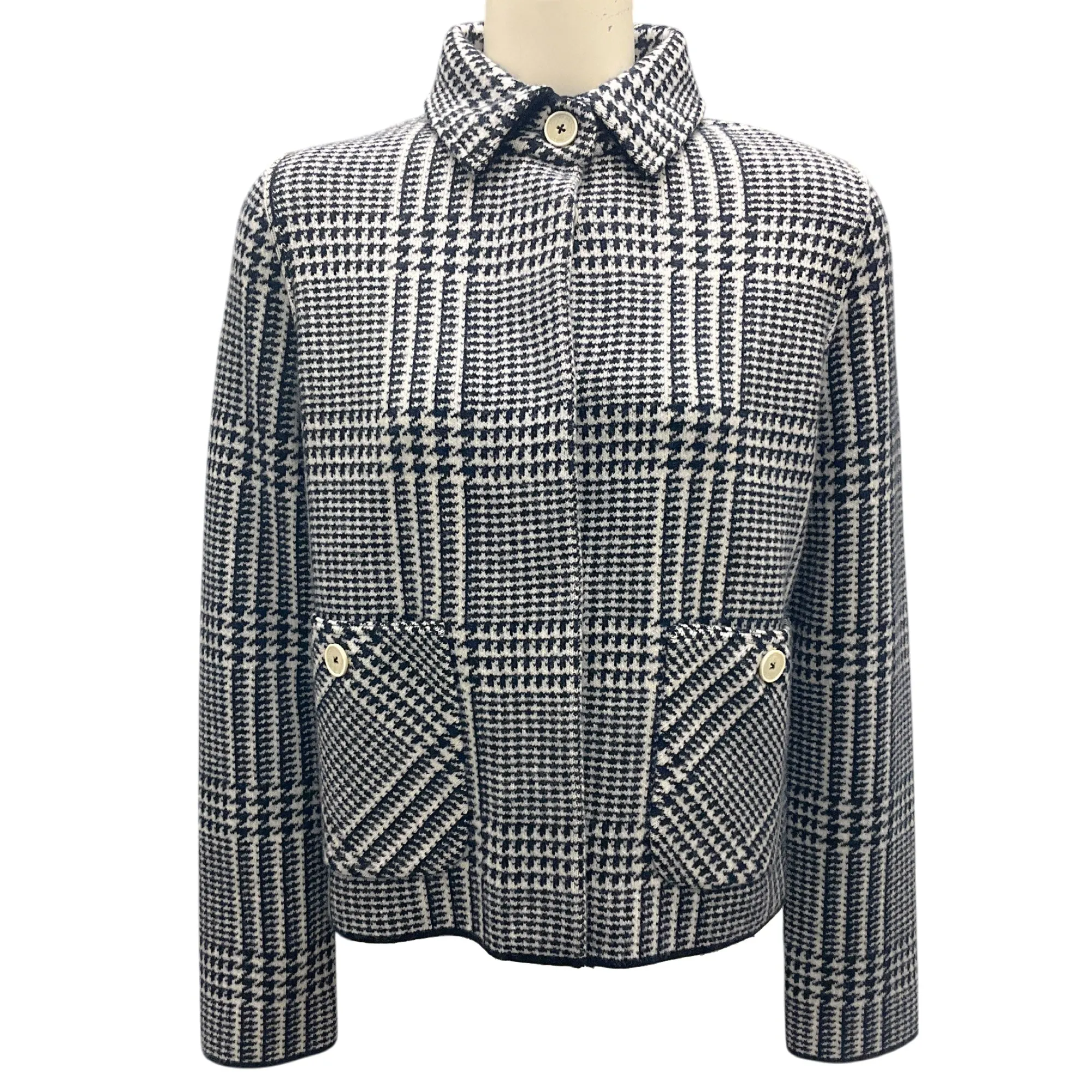 Bruno Manetti Navy Blue / White Button-front Houndstooth Wool Jacket