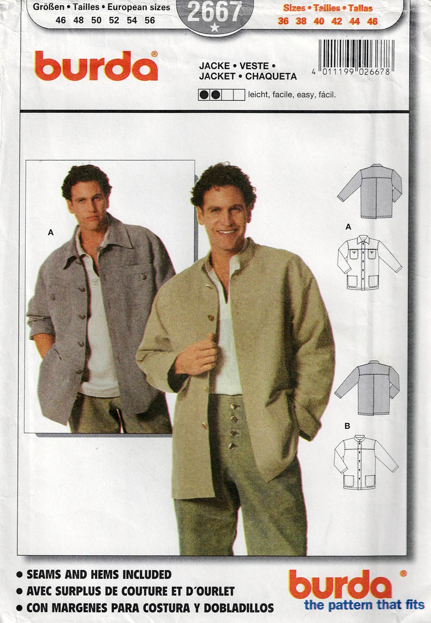 Burda 2667 Mens Casual Jackets Out Of Print Sewing Pattern Size 36 - 46 UNCUT Factory Folded
