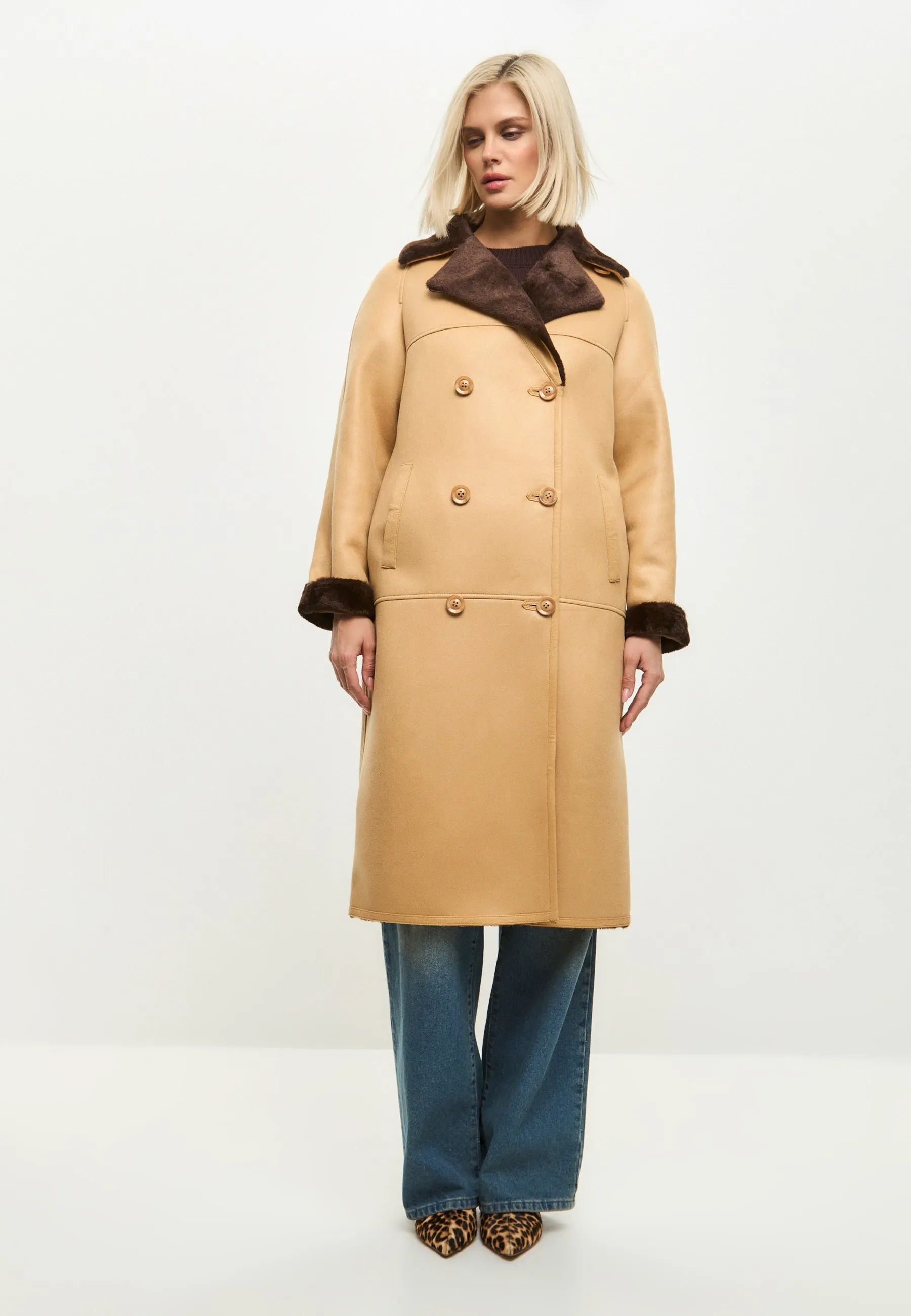 Button-Up Faux Reversible Long Coat - Light Brown