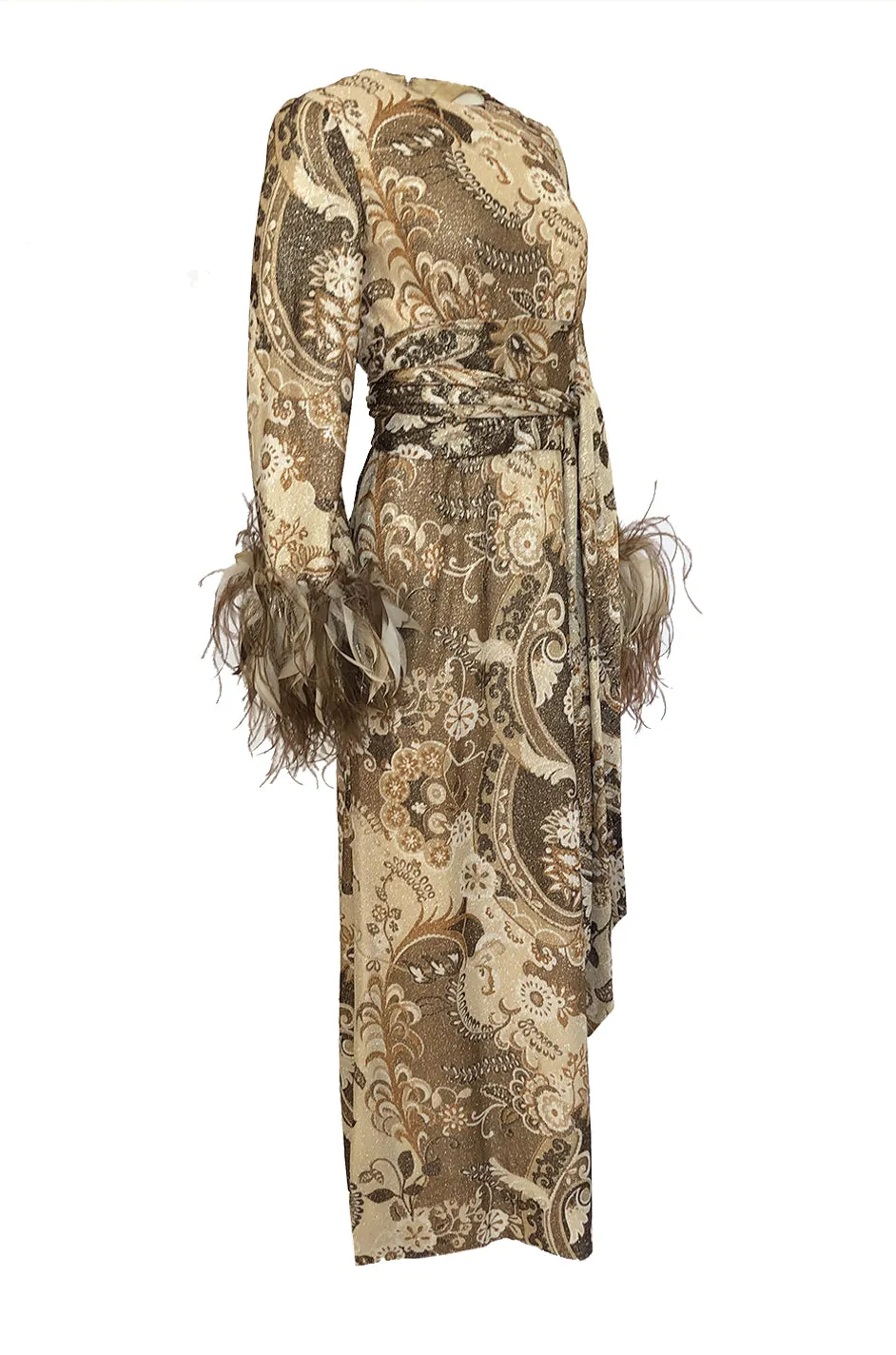 c.1976 Bill Blass Couture Metallic Gold Lurex Knit Dress w Feather Cuffs