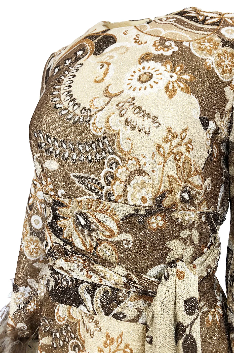 c.1976 Bill Blass Couture Metallic Gold Lurex Knit Dress w Feather Cuffs