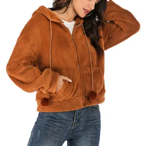 Casual Fleece Coat Solid Color Loose Hooded Coat