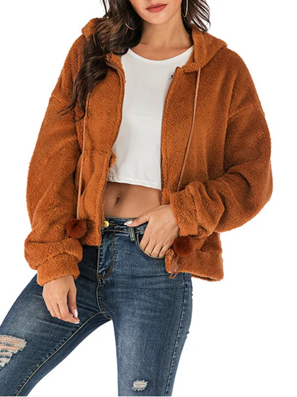 Casual Fleece Coat Solid Color Loose Hooded Coat