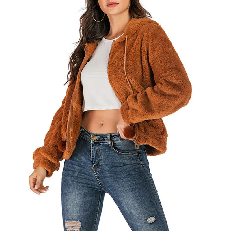 Casual Fleece Coat Solid Color Loose Hooded Coat