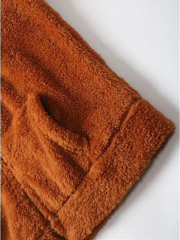 Casual Fleece Coat Solid Color Loose Hooded Coat