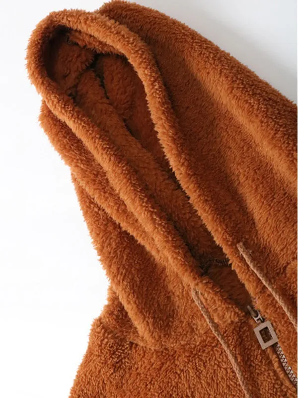 Casual Fleece Coat Solid Color Loose Hooded Coat