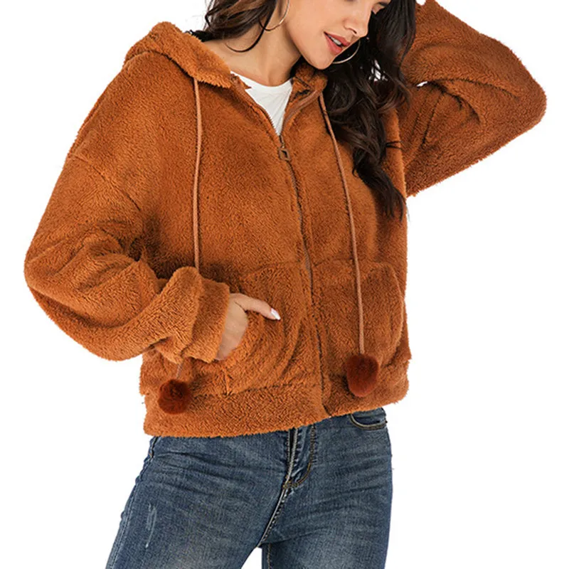 Casual Fleece Coat Solid Color Loose Hooded Coat