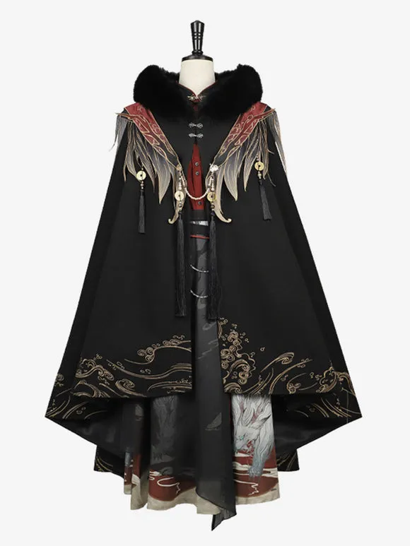Chinese Style Lolita Cape Chinese Black Polyester Pearls Fringe Metallic Winter Lolita Outwears