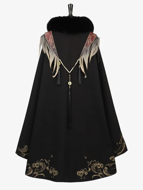 Chinese Style Lolita Cape Chinese Black Polyester Pearls Fringe Metallic Winter Lolita Outwears