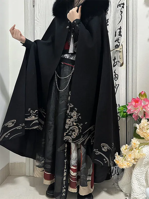 Chinese Style Lolita Cape Chinese Black Polyester Pearls Fringe Metallic Winter Lolita Outwears