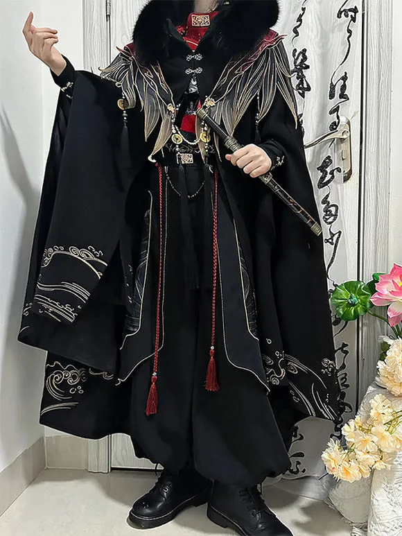 Chinese Style Lolita Cape Chinese Black Polyester Pearls Fringe Metallic Winter Lolita Outwears