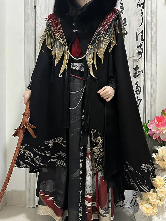 Chinese Style Lolita Cape Chinese Black Polyester Pearls Fringe Metallic Winter Lolita Outwears