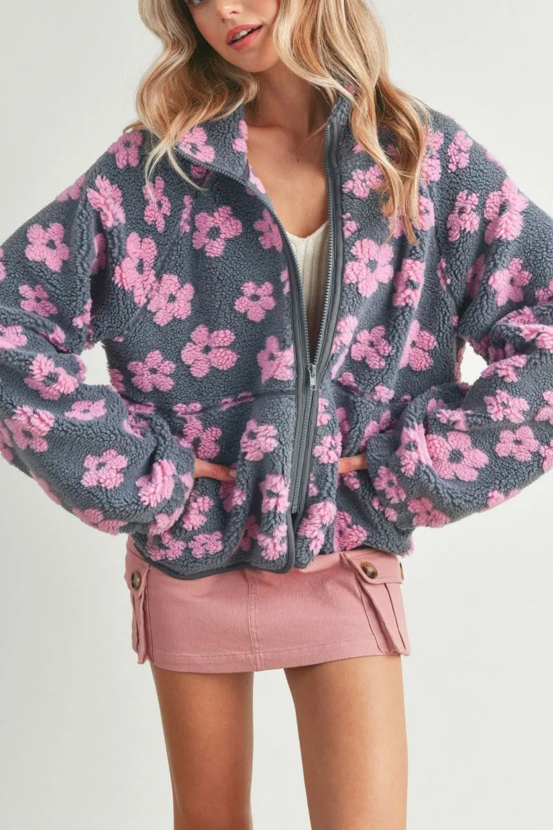 Chouyatou Women's Fall Winter Casual Cute Floral Fleece Jacket Fuzzy Zip Up Sherpa Jacket Faux Fur Coat