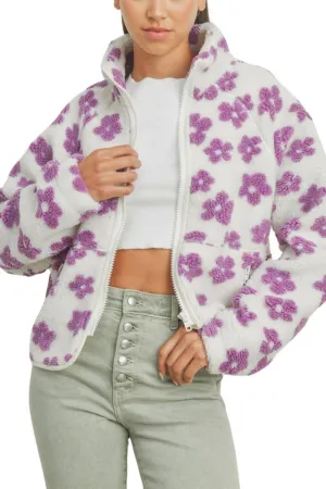 Chouyatou Women's Fall Winter Casual Cute Floral Fleece Jacket Fuzzy Zip Up Sherpa Jacket Faux Fur Coat