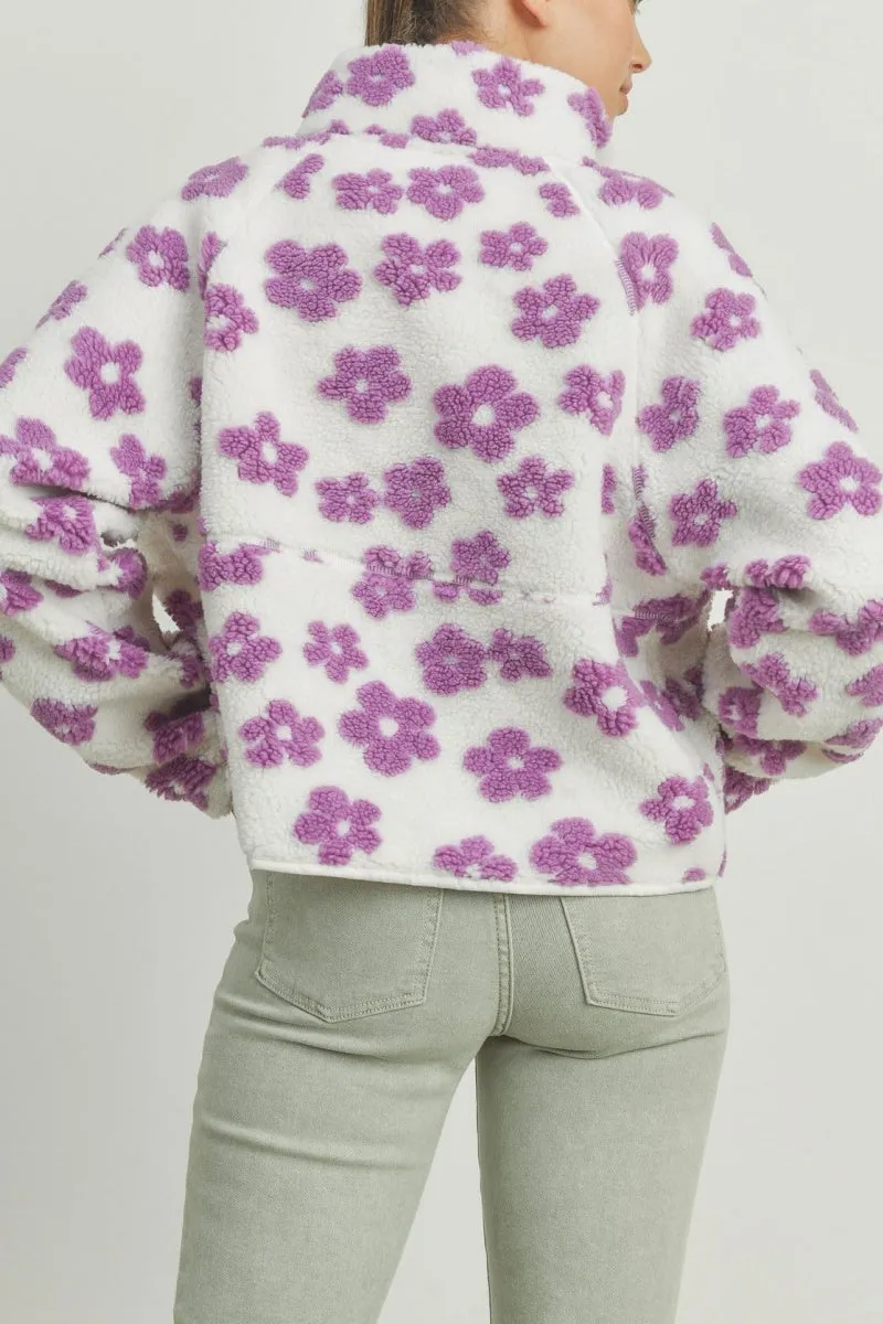 Chouyatou Women's Fall Winter Casual Cute Floral Fleece Jacket Fuzzy Zip Up Sherpa Jacket Faux Fur Coat