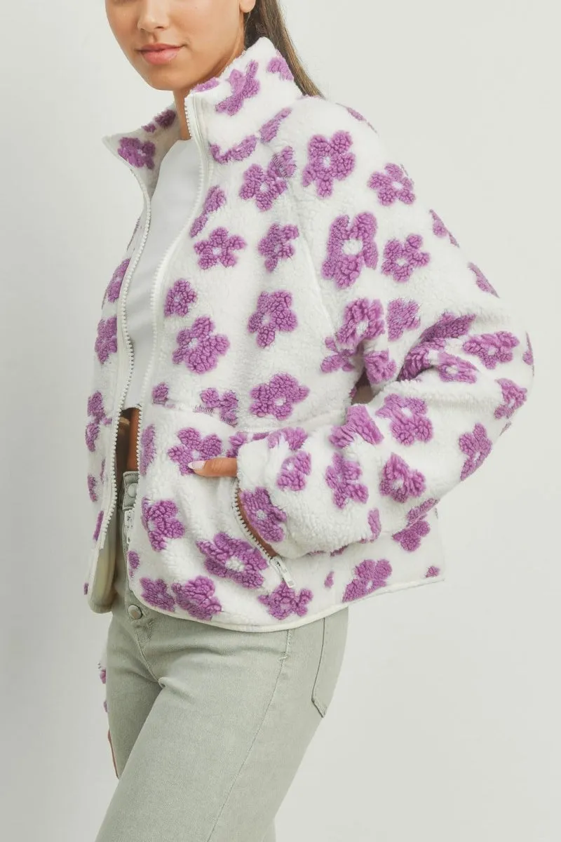 Chouyatou Women's Fall Winter Casual Cute Floral Fleece Jacket Fuzzy Zip Up Sherpa Jacket Faux Fur Coat