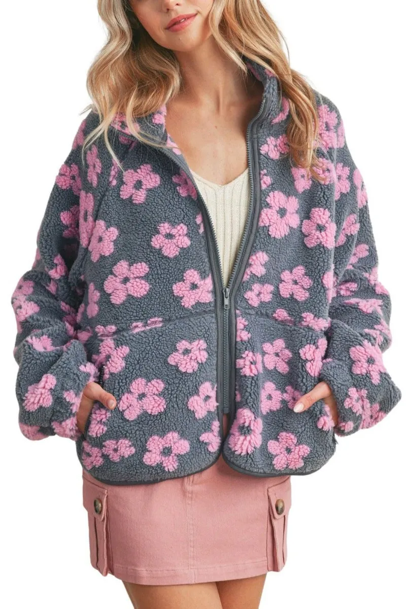 Chouyatou Women's Fall Winter Casual Cute Floral Fleece Jacket Fuzzy Zip Up Sherpa Jacket Faux Fur Coat