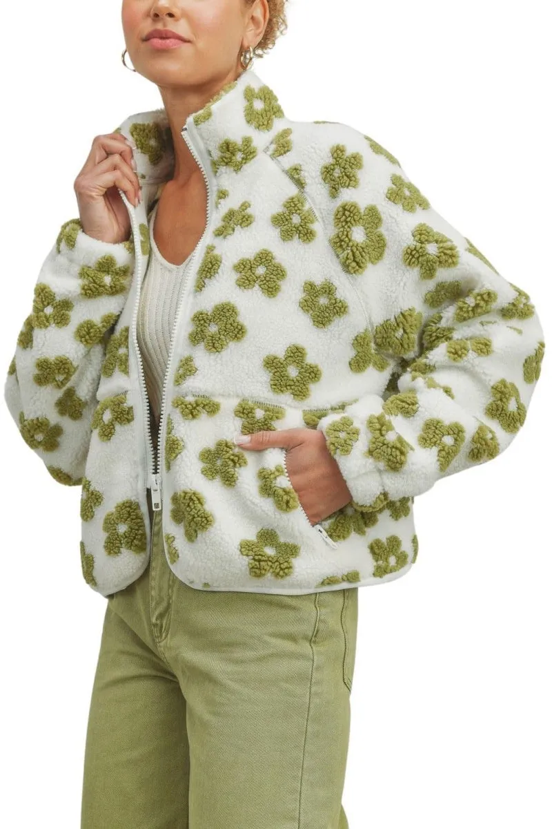 Chouyatou Women's Fall Winter Casual Cute Floral Fleece Jacket Fuzzy Zip Up Sherpa Jacket Faux Fur Coat