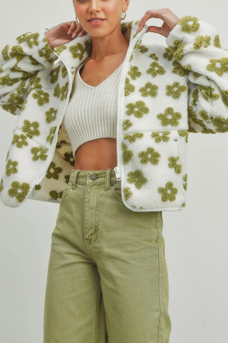 Chouyatou Women's Fall Winter Casual Cute Floral Fleece Jacket Fuzzy Zip Up Sherpa Jacket Faux Fur Coat