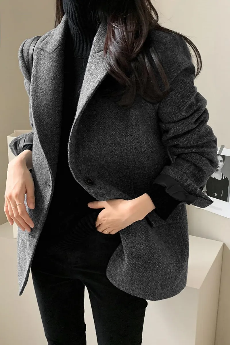 Chouyatou Womens Fall Winter Wool Blend Casual Business Blazer Jacket Single Breasted Dressy Work Coat