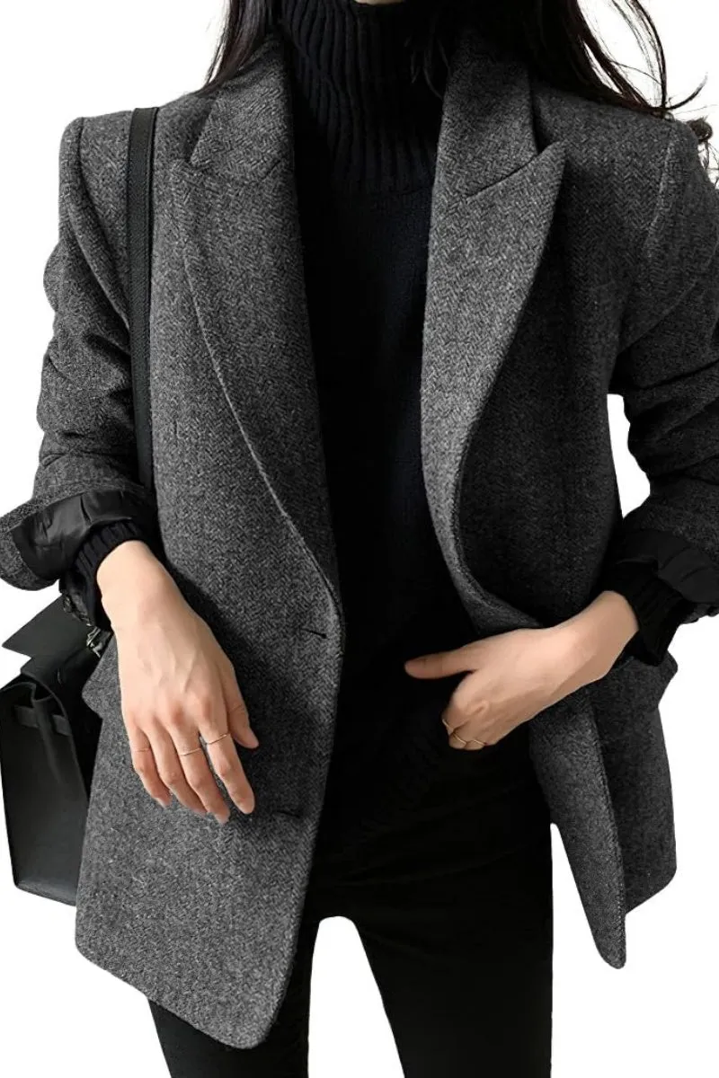 Chouyatou Womens Fall Winter Wool Blend Casual Business Blazer Jacket Single Breasted Dressy Work Coat