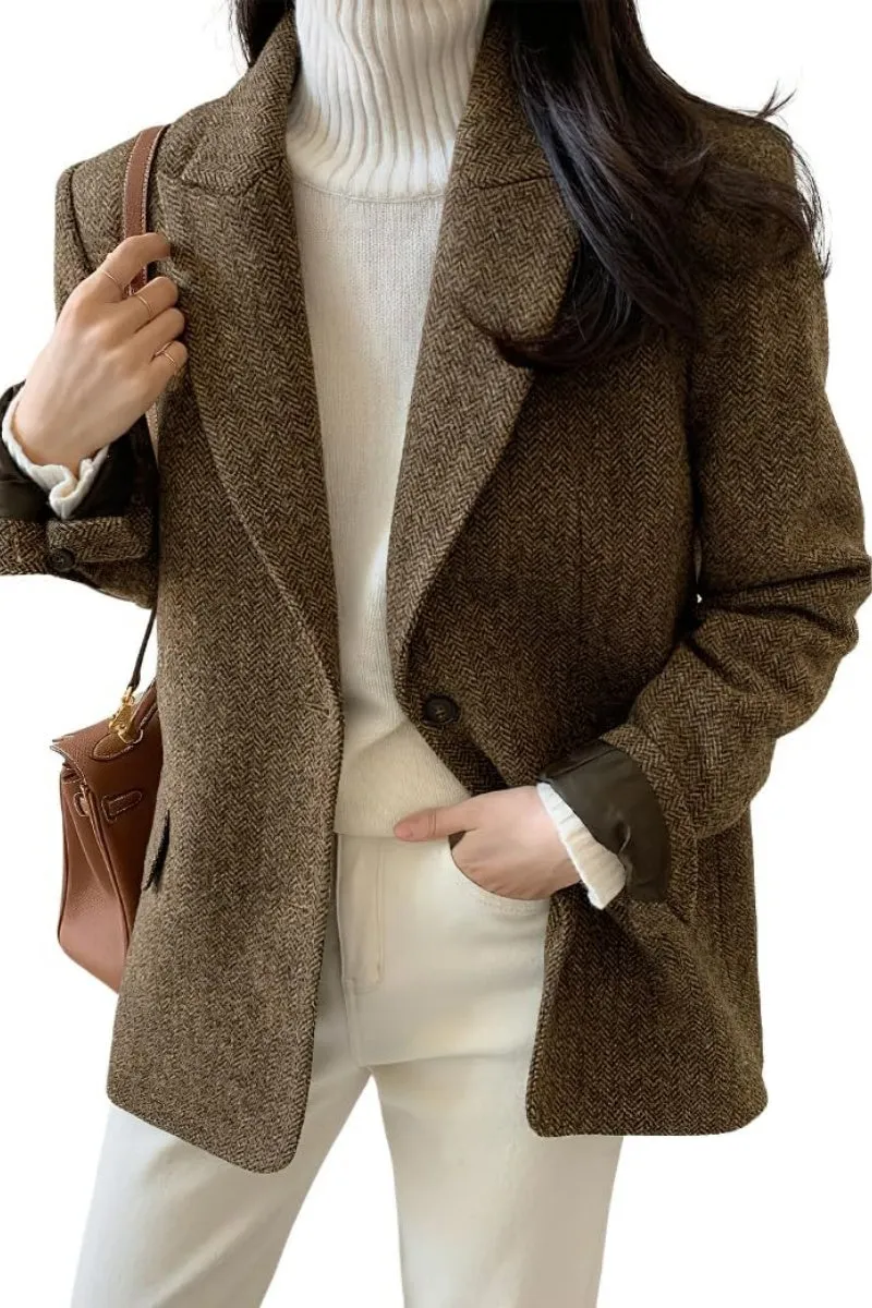 Chouyatou Womens Fall Winter Wool Blend Casual Business Blazer Jacket Single Breasted Dressy Work Coat