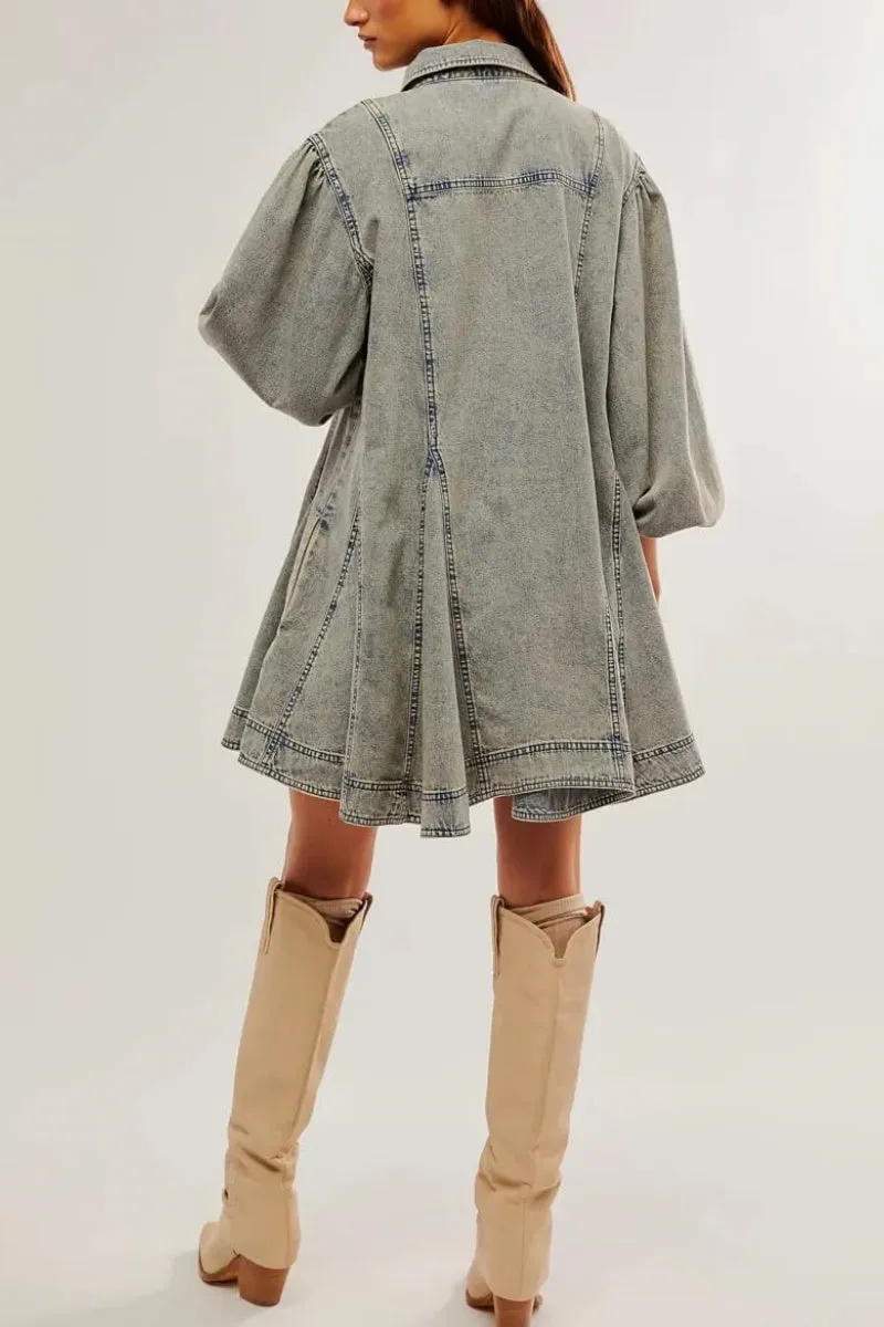 Chouyatou Womens Long Sleeve Button Down Denim Dress A Line Swing Ruffle Midi Jean Dress with Pockets