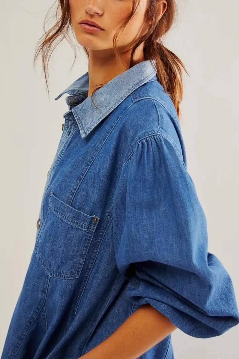 Chouyatou Womens Long Sleeve Button Down Denim Dress A Line Swing Ruffle Midi Jean Dress with Pockets