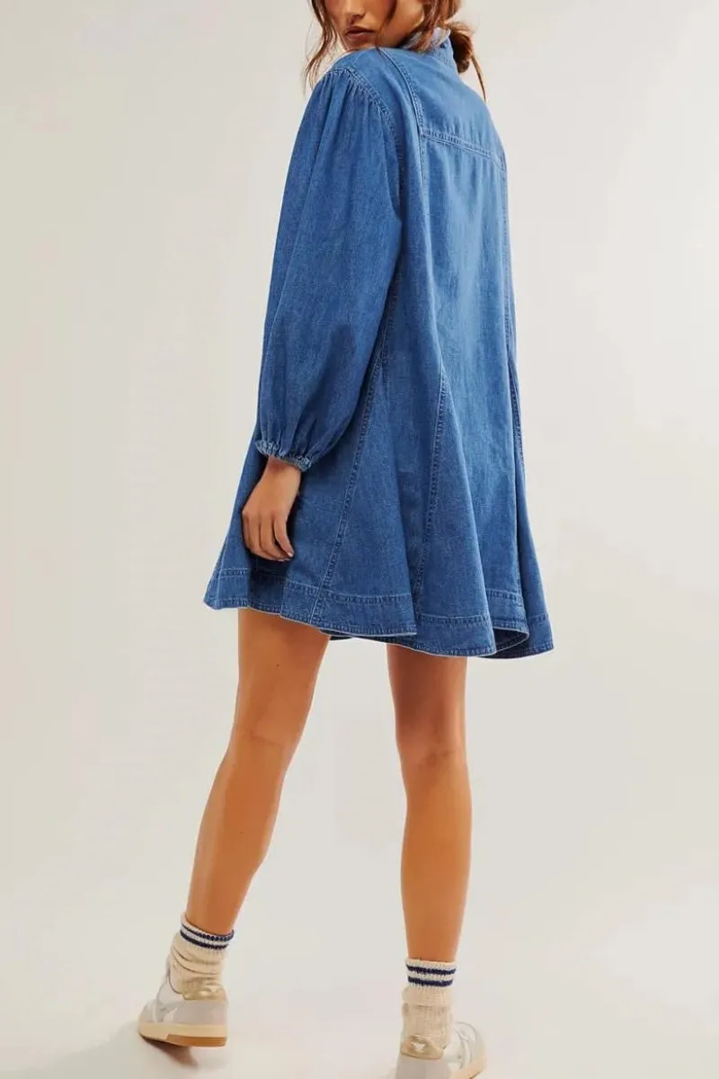 Chouyatou Womens Long Sleeve Button Down Denim Dress A Line Swing Ruffle Midi Jean Dress with Pockets