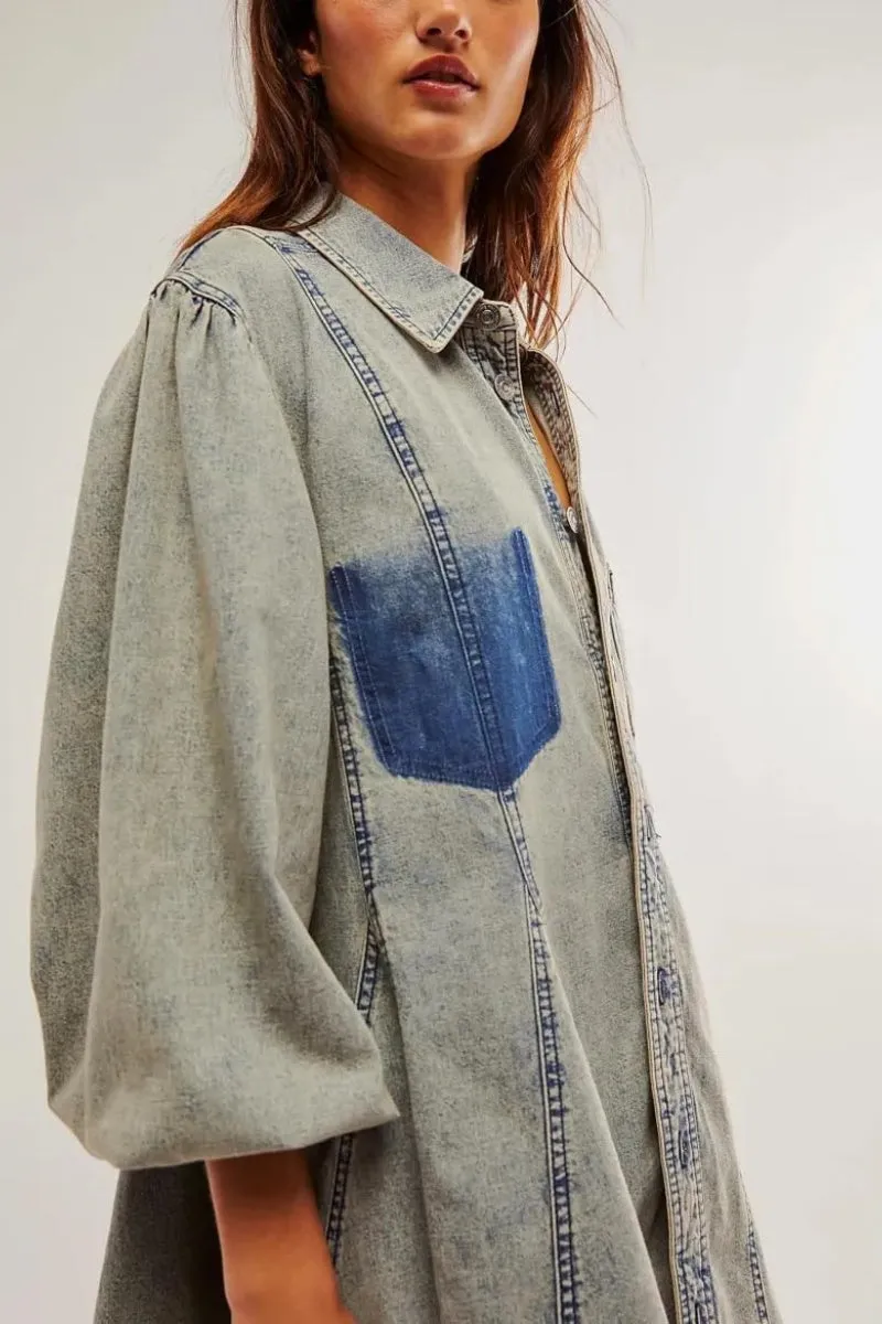 Chouyatou Womens Long Sleeve Button Down Denim Dress A Line Swing Ruffle Midi Jean Dress with Pockets