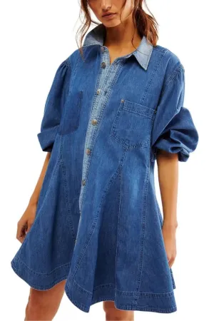 Chouyatou Womens Long Sleeve Button Down Denim Dress A Line Swing Ruffle Midi Jean Dress with Pockets
