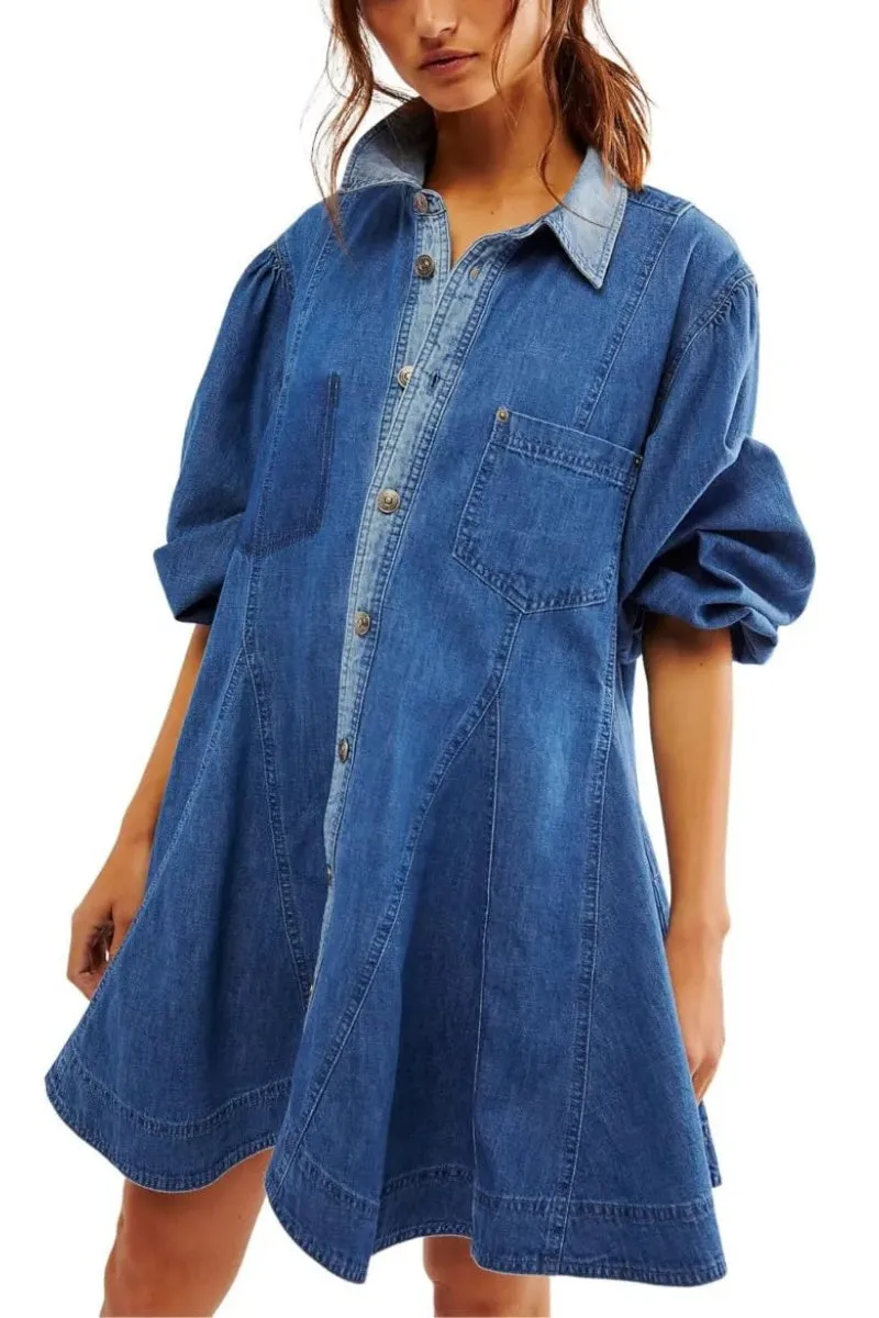 Chouyatou Womens Long Sleeve Button Down Denim Dress A Line Swing Ruffle Midi Jean Dress with Pockets