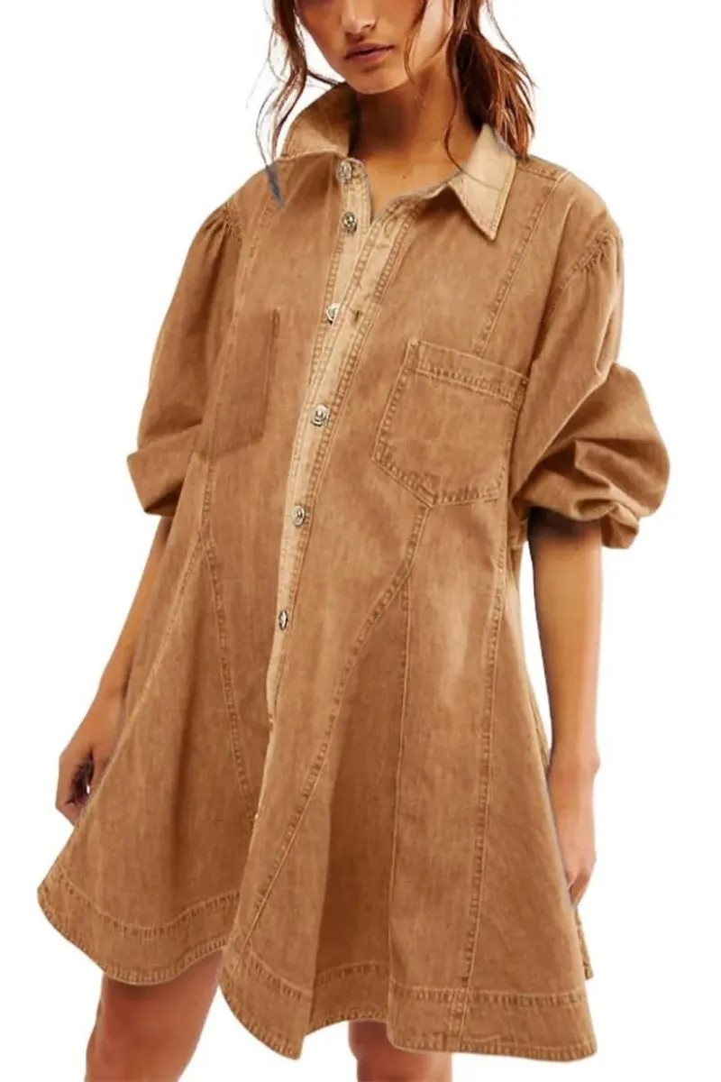 Chouyatou Womens Long Sleeve Button Down Denim Dress A Line Swing Ruffle Midi Jean Dress with Pockets