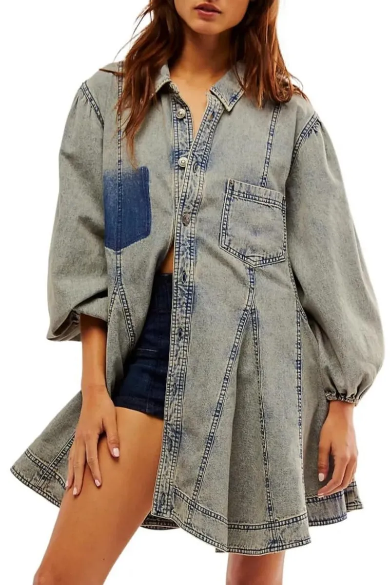 Chouyatou Womens Long Sleeve Button Down Denim Dress A Line Swing Ruffle Midi Jean Dress with Pockets