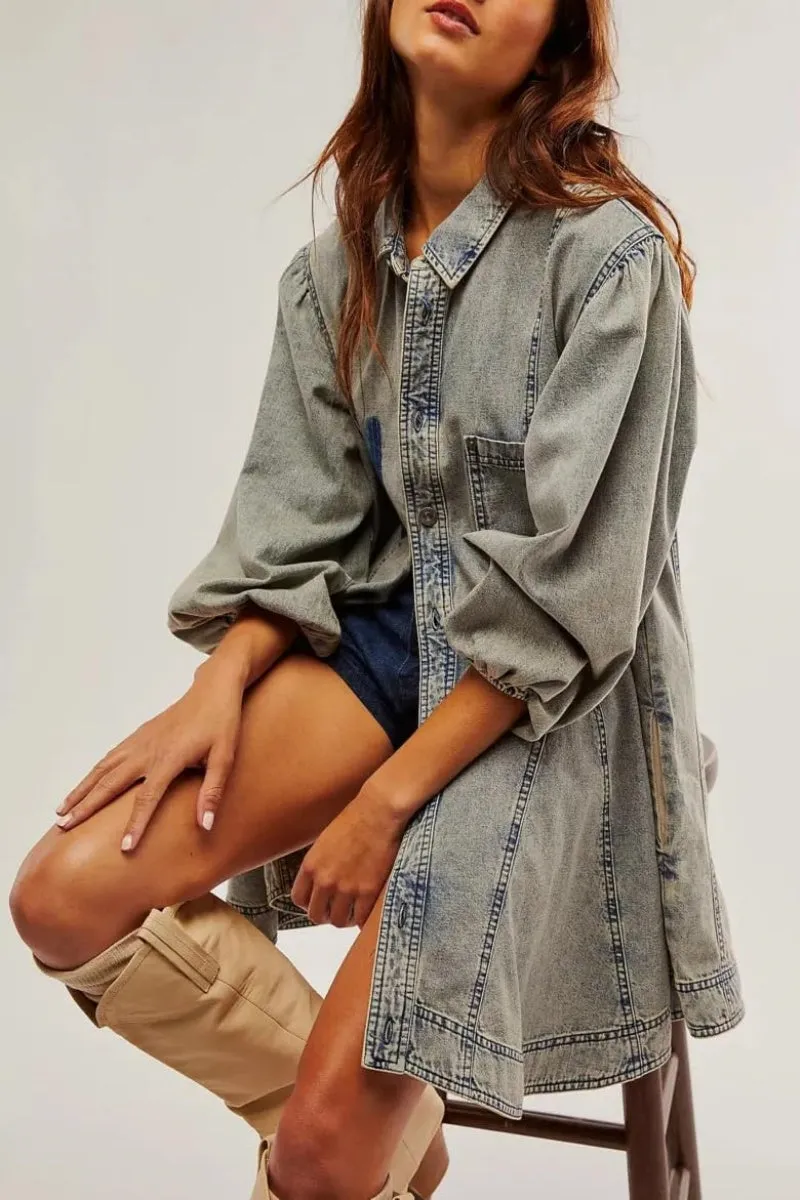Chouyatou Womens Long Sleeve Button Down Denim Dress A Line Swing Ruffle Midi Jean Dress with Pockets
