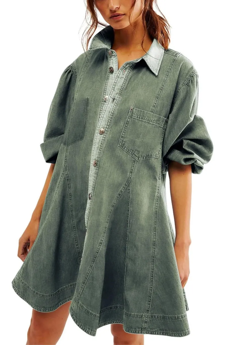 Chouyatou Womens Long Sleeve Button Down Denim Dress A Line Swing Ruffle Midi Jean Dress with Pockets