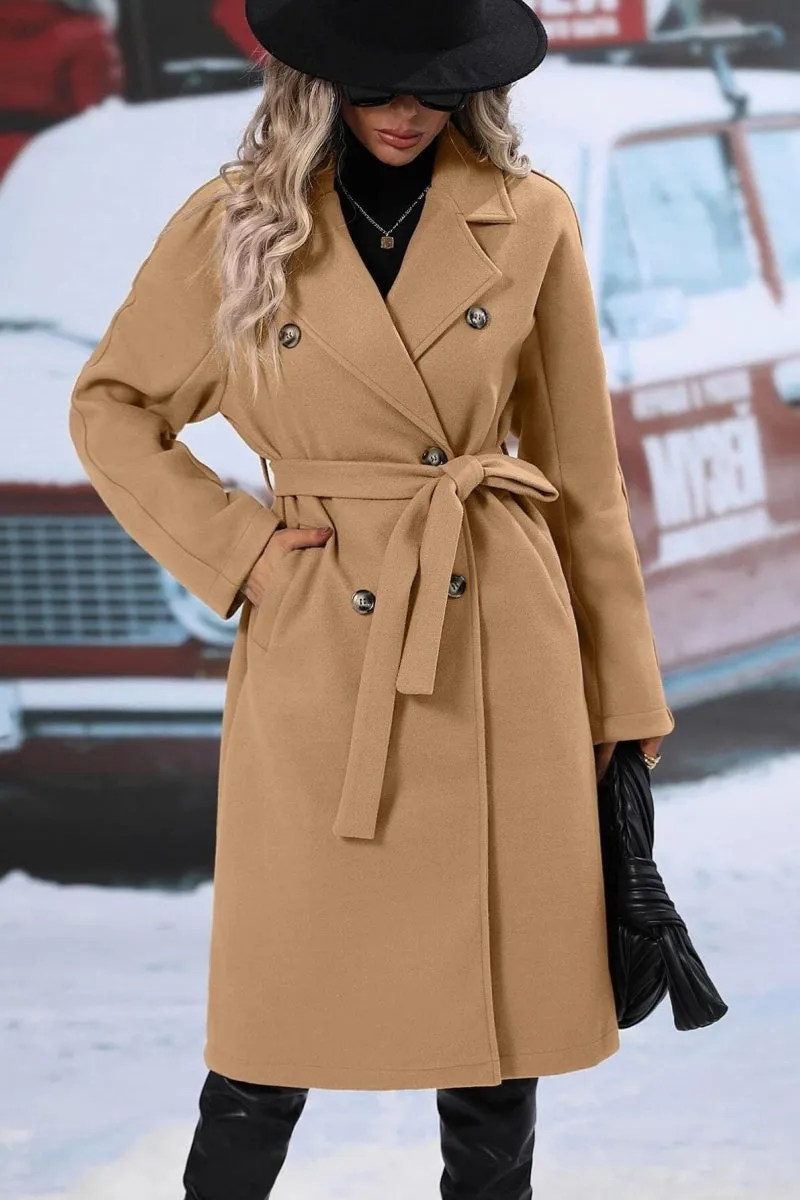 Chouyatou Womens Long Wool Pea Coat Notched Lapel Double Breasted Trench Coat Winter Warm Overcoat with Belt