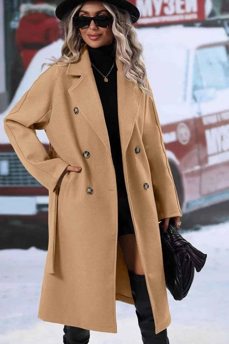 Chouyatou Womens Long Wool Pea Coat Notched Lapel Double Breasted Trench Coat Winter Warm Overcoat with Belt